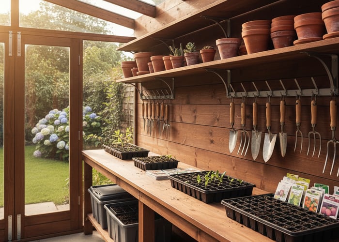 Inside a potting shed with workbench along the glazed front and shelving on the back wall