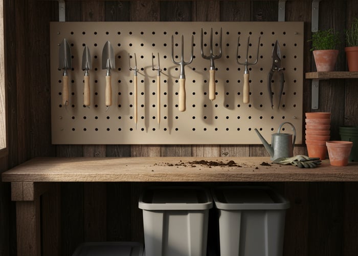 Organised potting shed wall with hooks, shelves, and labelled storage bins