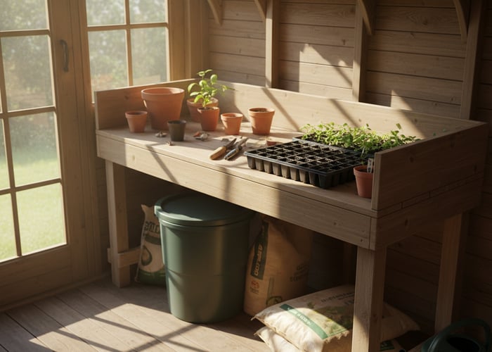 Potting shed workbench with seed trays, compost, and hand tools neatly arranged