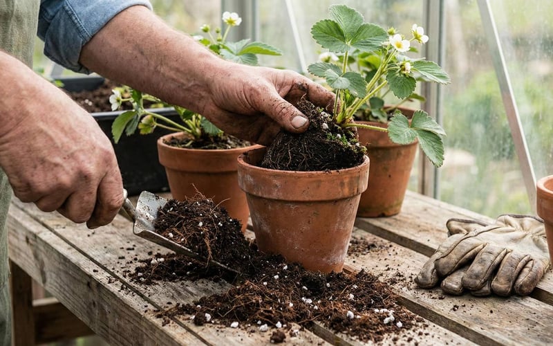 Gardener potting strawberry runners in terracotta pots inside a greenhouse