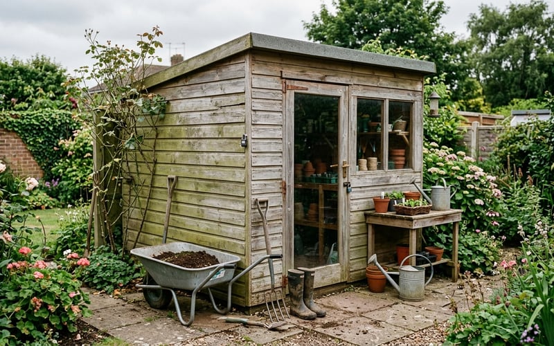 Pressure-treated timber potting shed showing typical weathering and greying after several years of UK weather exposure
