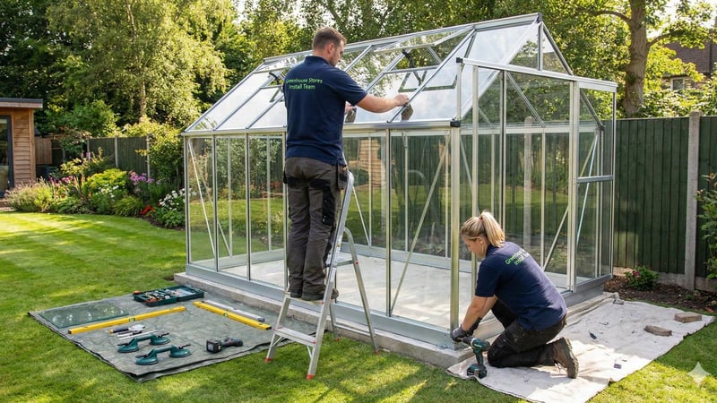 Professional UK greenhouse installation team in branded uniform carefully assembling a large aluminium greenhouse in a sunny garden.