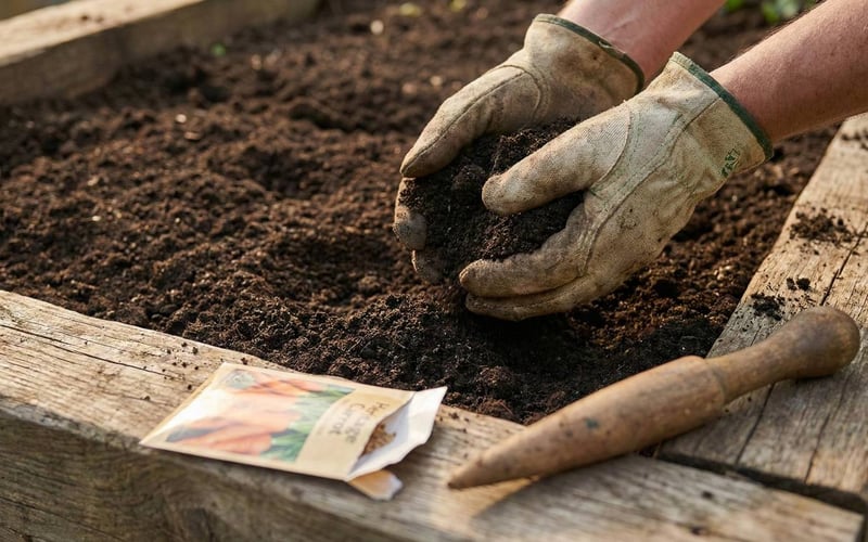 Gardener preparing fine soil in a wooden raised bed ready for carrot seeds