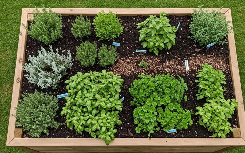 Wooden raised bed herb garden showing organized layout with Mediterranean herbs, annual herbs and companion planting in UK garden setting