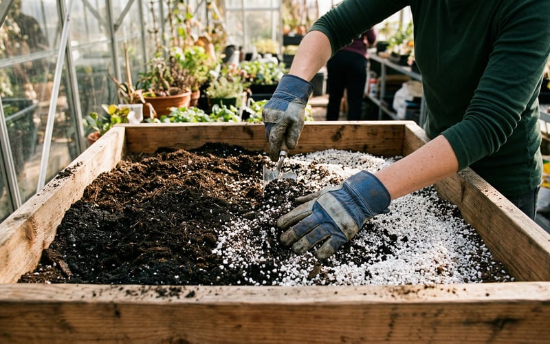 Filling a raised bed with the ideal soil mix of topsoil compost and perlite inside a greenhouse
