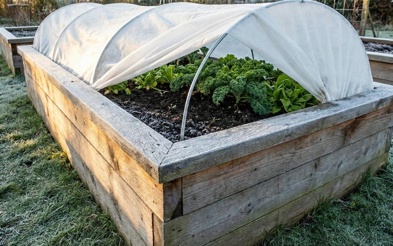 A wooden raised bed covered with a fleece cloche tunnel protecting early crops from frost.