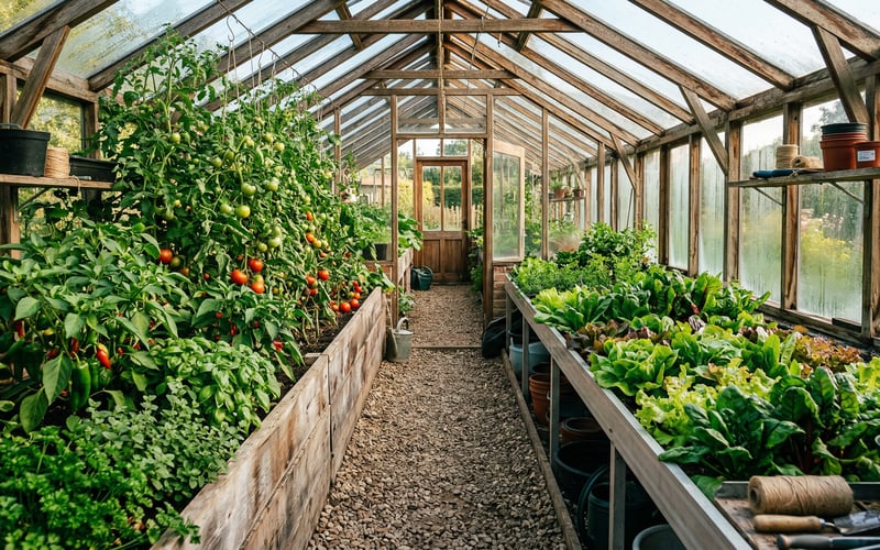 Raised beds inside a greenhouse filled with vegetables and herbs alongside a gravel path
