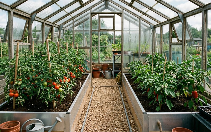 Aluminium raised beds inside a greenhouse with tomato and pepper plants growing alongside a central gravel path