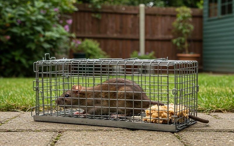 Brown rat safely caught in humane live cage trap positioned in UK garden for pest control