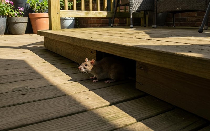 Rat taking shelter under wooden garden decking showing common hiding spots in UK gardens