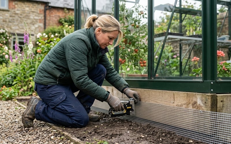 Installer fitting 6mm galvanised mesh under the timber base plinth of a UK greenhouse during rat-proofing installation