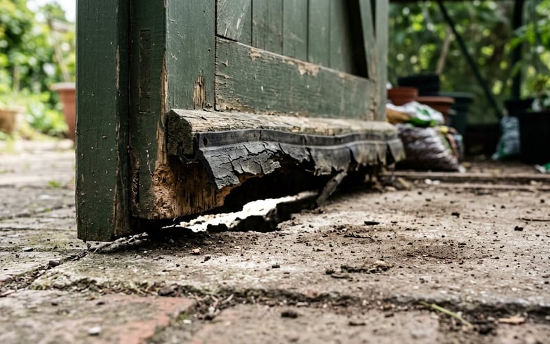 Close-up of worn door draught excluder on a UK greenhouse showing gap that allows rat entry
