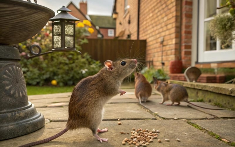 Multiple rats on UK garden patio eating bird seed and drinking from bird bath while one approaches house door showing common garden infestation