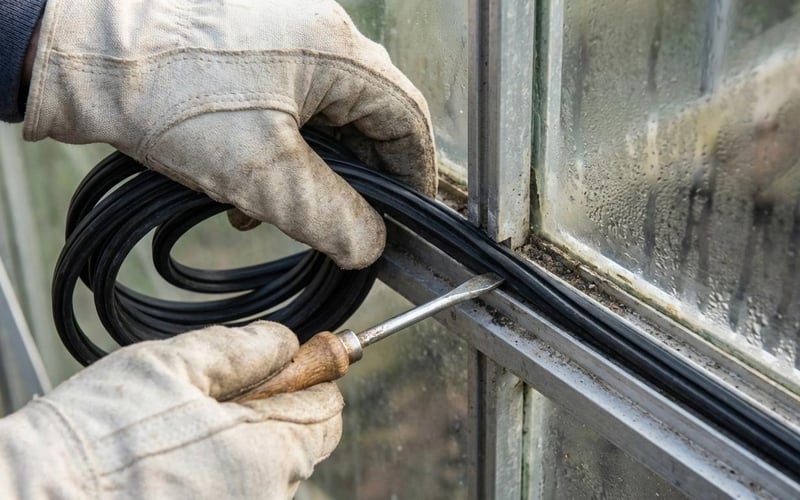 A person's hands replacing a rubber glazing gasket in an aluminium greenhouse frame.