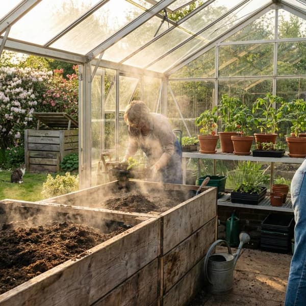Finished dark compost being added to raised beds inside a UK greenhouse