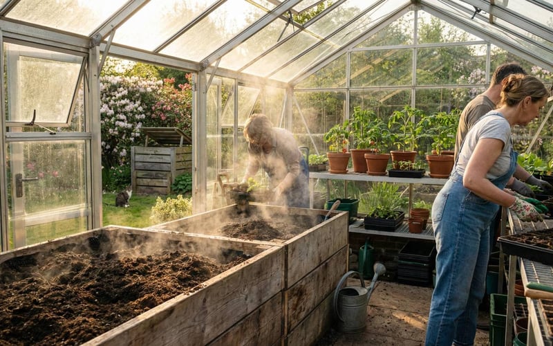 A sunny UK aluminium greenhouse interior featuring raised wooden beds filled with dark, rich, steaming compost and healthy young tomato plants.