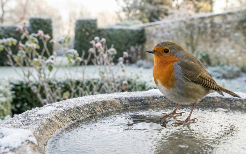Robin redbreast perched on the edge of a frozen bird bath in a snowy December garden
