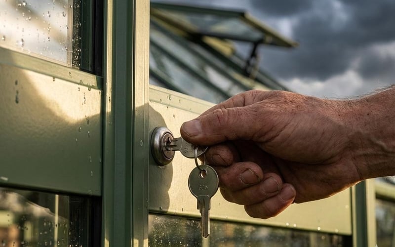A gardener locking the door of a greenhouse and checking the vents before a storm.