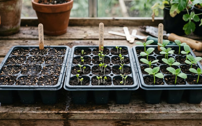 Three identical seed trays in a row showing bare compost, just-emerged cotyledons, and 2-3cm seedlings with true leaves forming - the three stages of germination