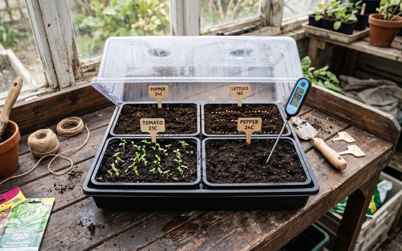 Heated propagator on a wooden potting bench with four seed trays inside and a digital soil thermometer reading 18C beside labelled tags for tomato, lettuce and pepper