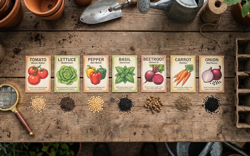 Seven seed packets arranged in a row on a wooden potting bench with small mounds of seeds beside each: tomato, lettuce, pepper, basil, beetroot, carrot, onion with a magnifying glass and seed tray