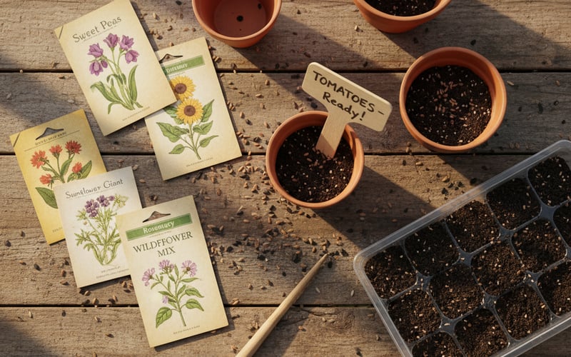 Seed packets, terracotta pots, and seed trays on a potting bench ready for spring sowing