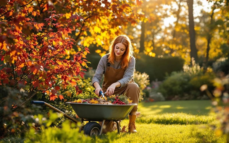 Gardener performing typical September maintenance tasks in UK garden