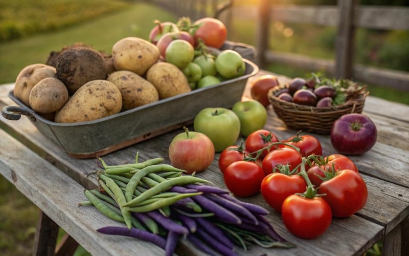 September harvest of apples, potatoes and beans laid out on a bench