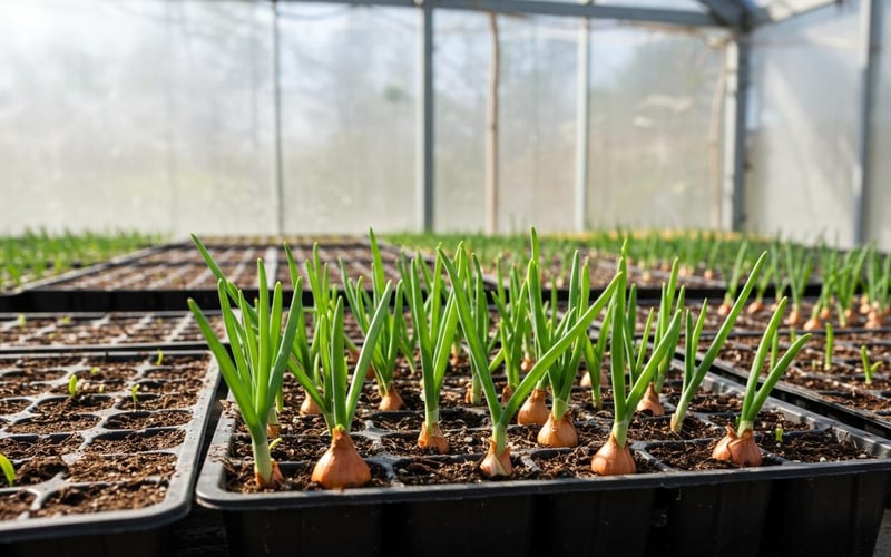 Shallot sets sprouting in module trays inside a greenhouse