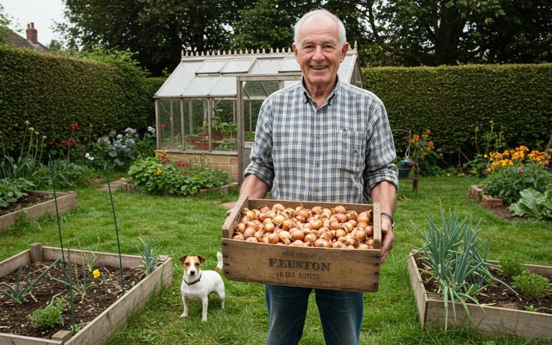 Freshly harvested shallots curing on a drying rack