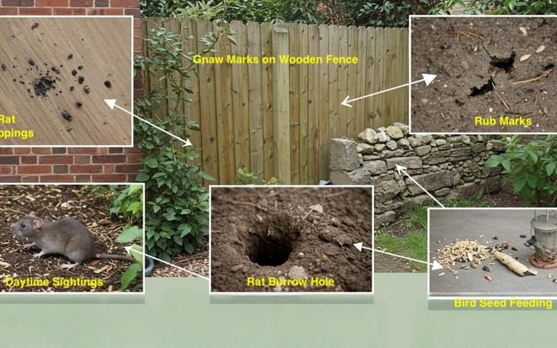 Complete visual guide showing signs of rats in UK garden including droppings, gnaw marks, burrow holes and tracks with identification labels