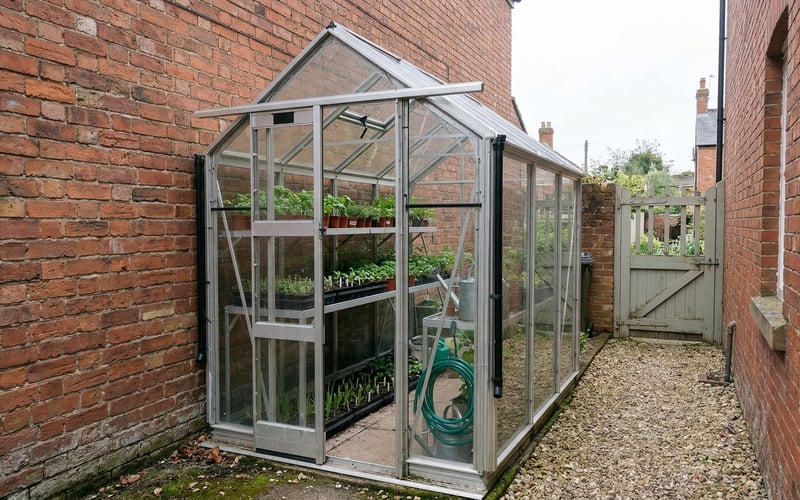 Elite Compact 4x6 greenhouse fitted in a narrow Victorian side passage showing how small greenhouse ideas work in tight spaces