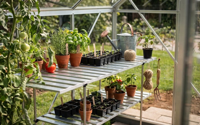Interior of a small greenhouse with folding staging shelves holding herb pots and seed trays showing how to maximise space in a small greenhouse