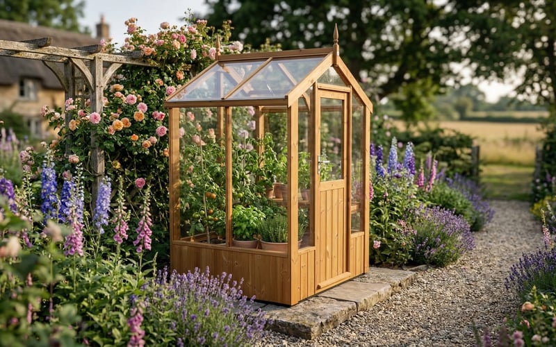 Swallow Lark 4x4 ThermoWood wooden greenhouse in a cottage garden with climbing roses and lavender showing small greenhouse ideas for traditional gardens