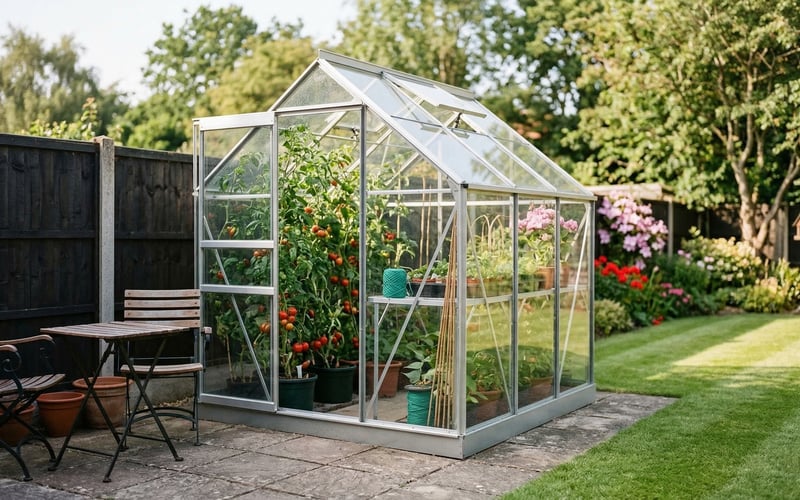 Small greenhouse ideas UK showing a Vitavia Venus 2500 in a sunny suburban garden with tomato plants and herbs on staging shelves