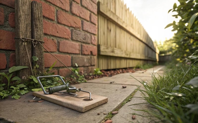 Properly positioned snap trap along garden wall showing optimal placement for effective rat control in UK