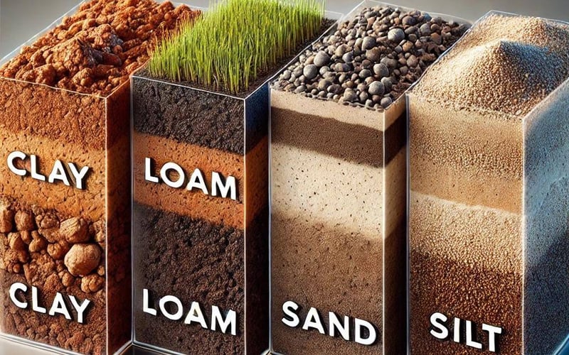 Six different UK soil types showing clay sandy silt chalk peat and loam samples