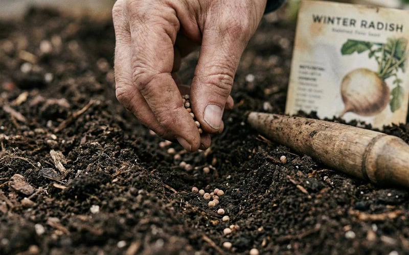 Close up of sowing radish seeds into prepared soil drills with a wooden dibber.