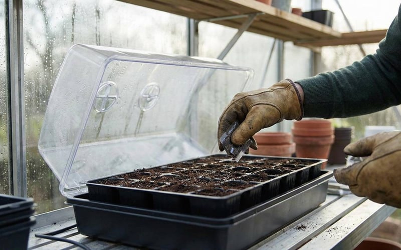 Close-up of gardener's hands sowing seeds into a heated propagator inside a greenhouse.