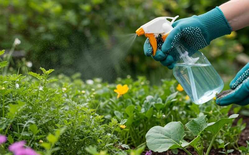 Proper technique for applying homemade weed killer using spray bottle on individual weeds without harming nearby plants