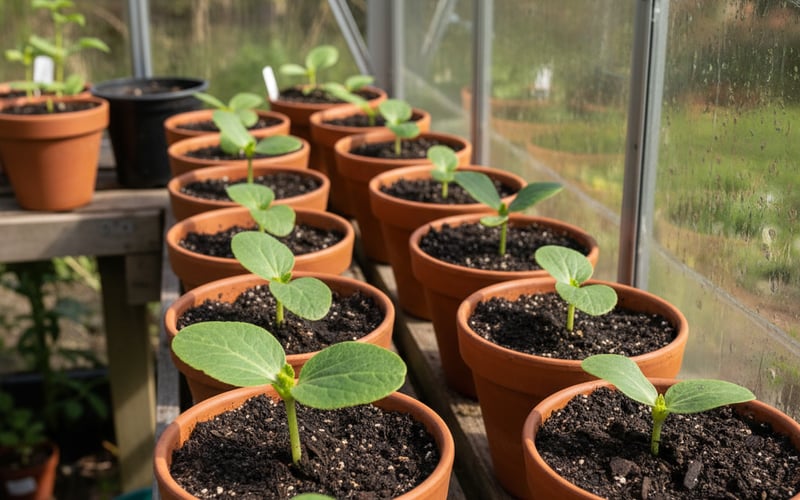 Squash seedlings with large leaves in terracotta pots in a UK greenhouse