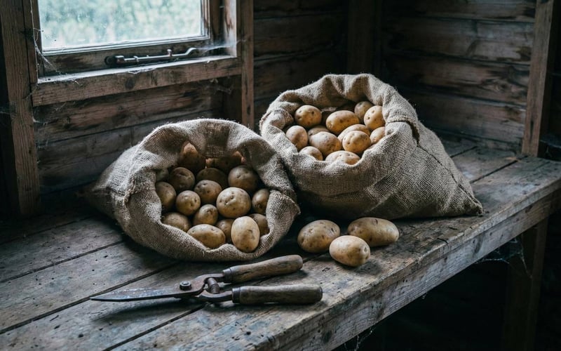 Hessian sacks filled with potatoes sitting on a wooden bench in a garden shed