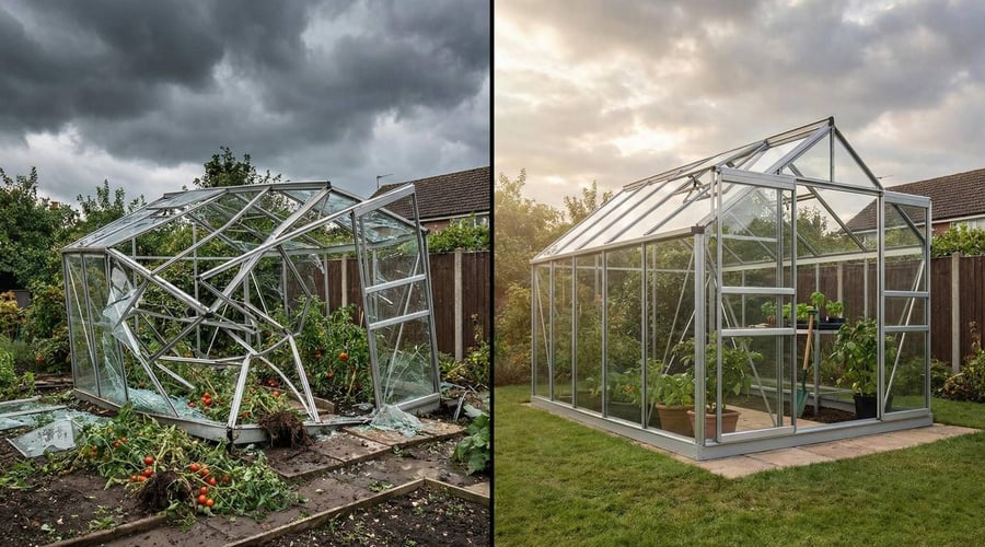 Side by side comparison of a storm damaged greenhouse with twisted frame versus a new installed aluminium greenhouse replacement.