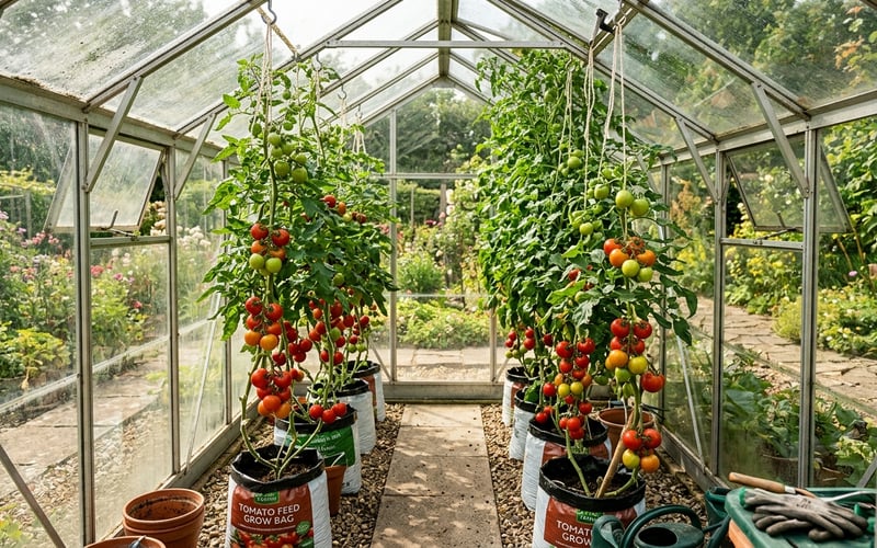 Cordon tomato plants strung up with white jute twine to overhead roof hooks in a traditional aluminium greenhouse