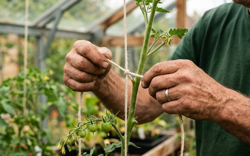 Close-up of hands tying tomato stem to jute twine using the twist technique in a greenhouse