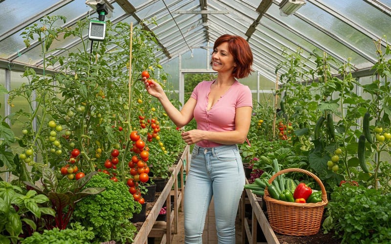 Successful August greenhouse showing healthy plants and abundant harvest in UK