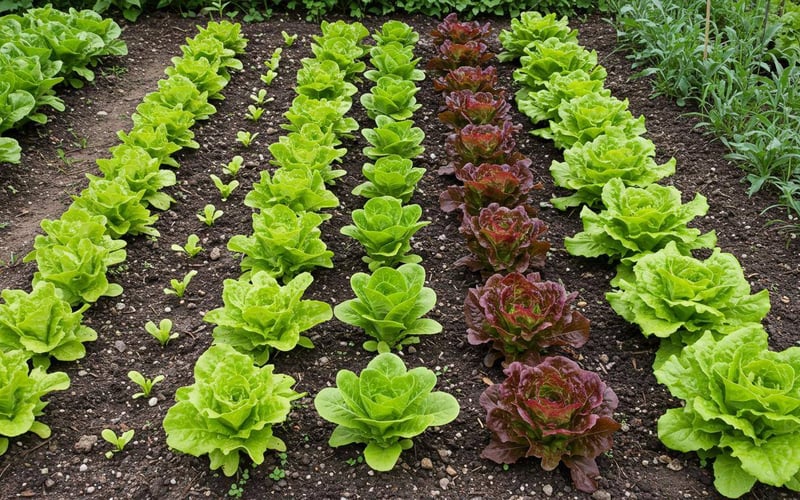 Rows of lettuce at different growth stages showing successful succession planting technique