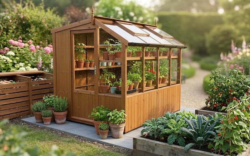 Swallow Jay 6x8 Wooden Potting Shed with glazed side and tongue and groove storage side installed on a paving base in a UK vegetable garden