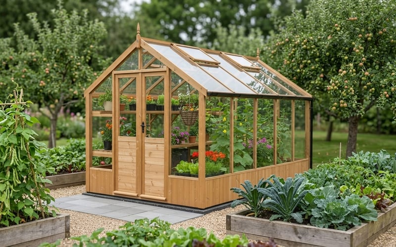 Swallow Raven ThermoWood 8x10 wooden greenhouse in a UK kitchen garden showing tongue and groove Finnish timber cladding and toughened glass glazing bars