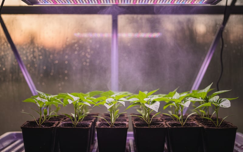 Sweet pepper seedlings under a grow light in a heated greenhouse